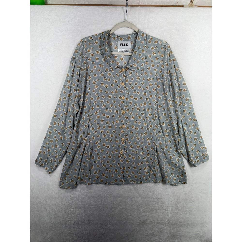 FLAX Medium Button Down Shirt Floral Relaxed Long Sleeve Cottagecore Prairie - Picture 2 of 11